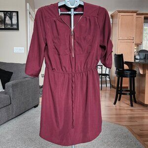 NWOT Justify wine/burgundy dress w /half tie bottom sleeves and partial zip neck